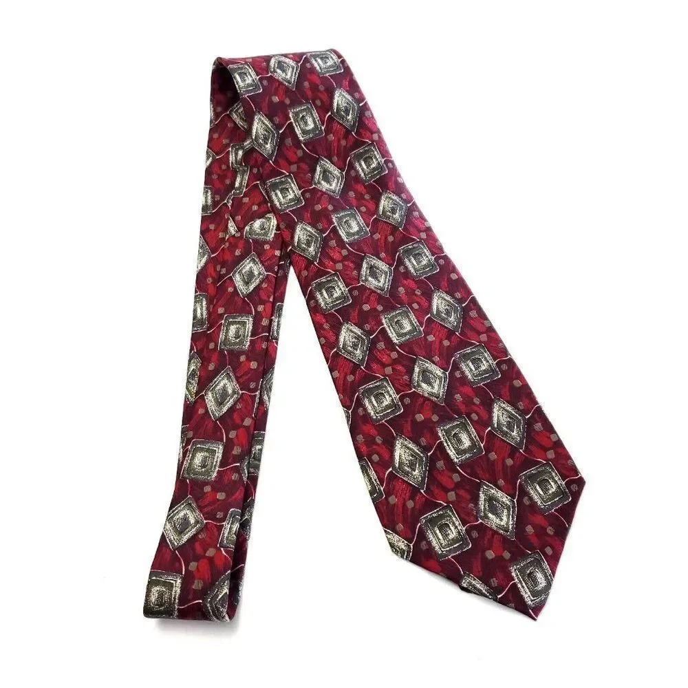 Henry‎ Grethel Red Tan Abstract Print Short Wide Silk Tie